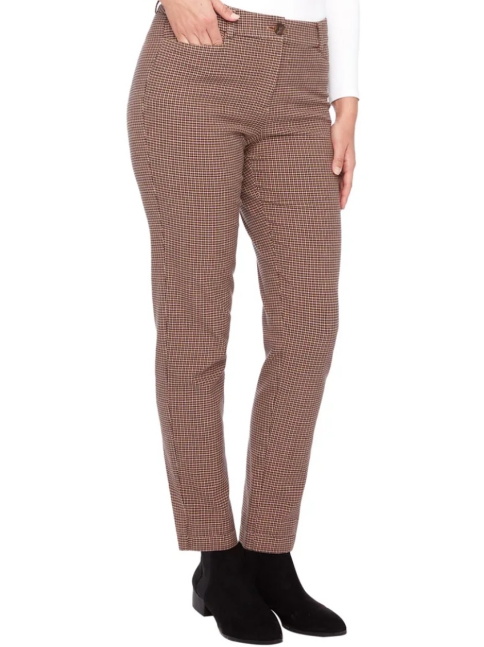 💥 Brown & Pink Houndstooth High Waist Trousers Cotton Rayon Stretch Academia